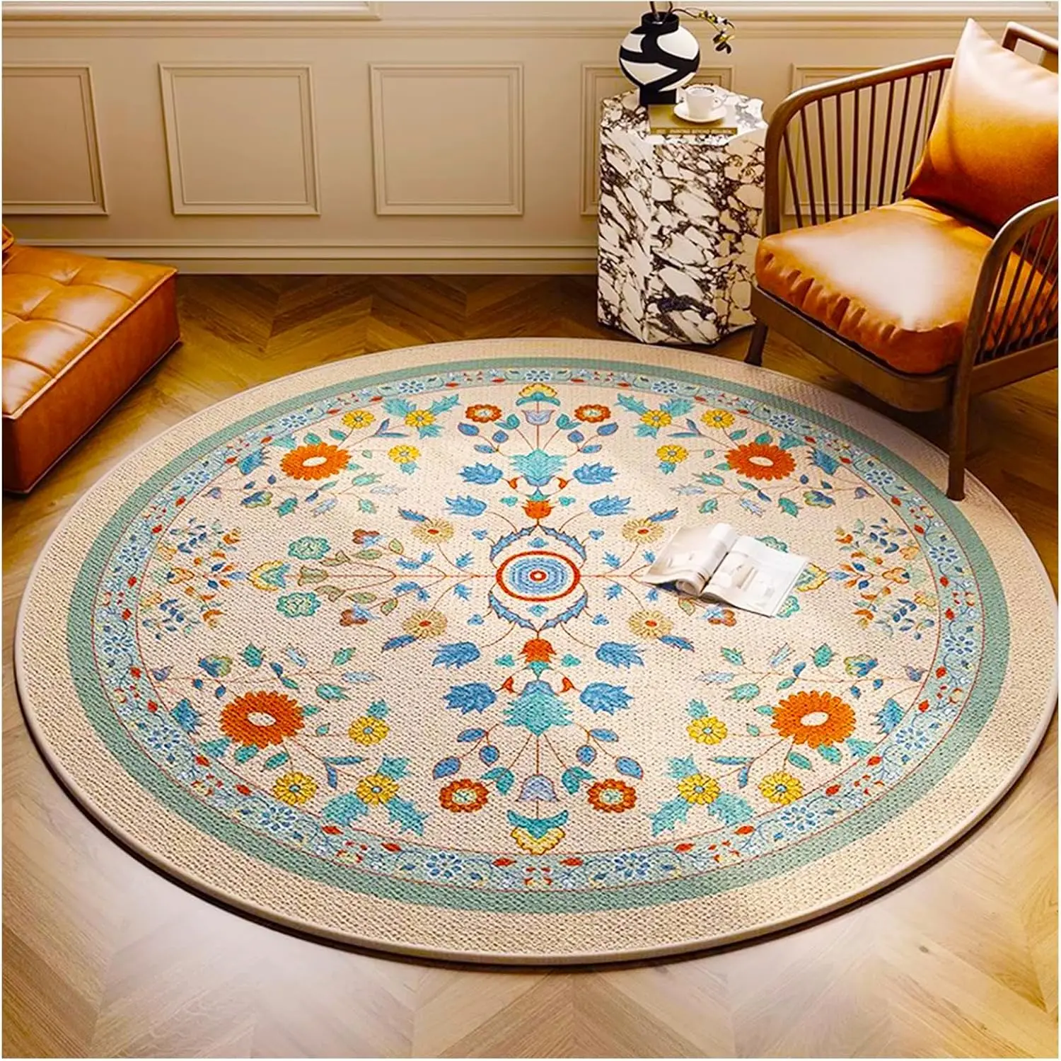 Vintage Floral Medallion Round Rug Cream Base Orange Blue Yellow for Classic Style