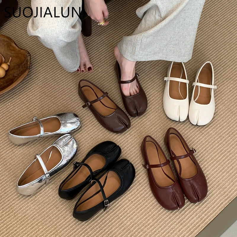 SUOJIALUN 2025 Autumn Women Flat Shoes Fashion Split Toe Slip On  Mary Jane Ballet Shoes Soft Flat Heel Outdoor Casual Single Sh