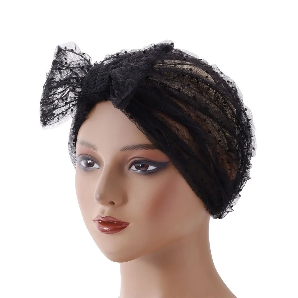 Breathable Fabric Polka Dot Mesh Bonnet Folded Design Turban Women Headscarf Hat Wrinkle Lace Chic Beanie Cap Casual Wear