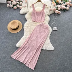 Chic Knit Two Pieces Sets Sexy Sleeveless Hook Flower Hollow Slip Top with Korean Fashion Full Skirt Vacation Casual Sets