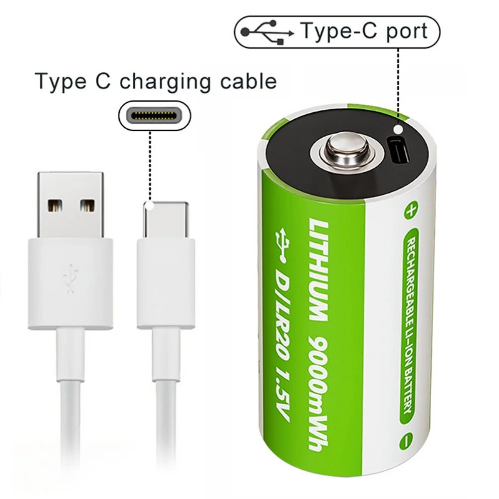 USB Rechargeable D Size Batteries LR20 Li-ion 1.5V 9000mWh With Type-C Cable For Gas Appliances image 3