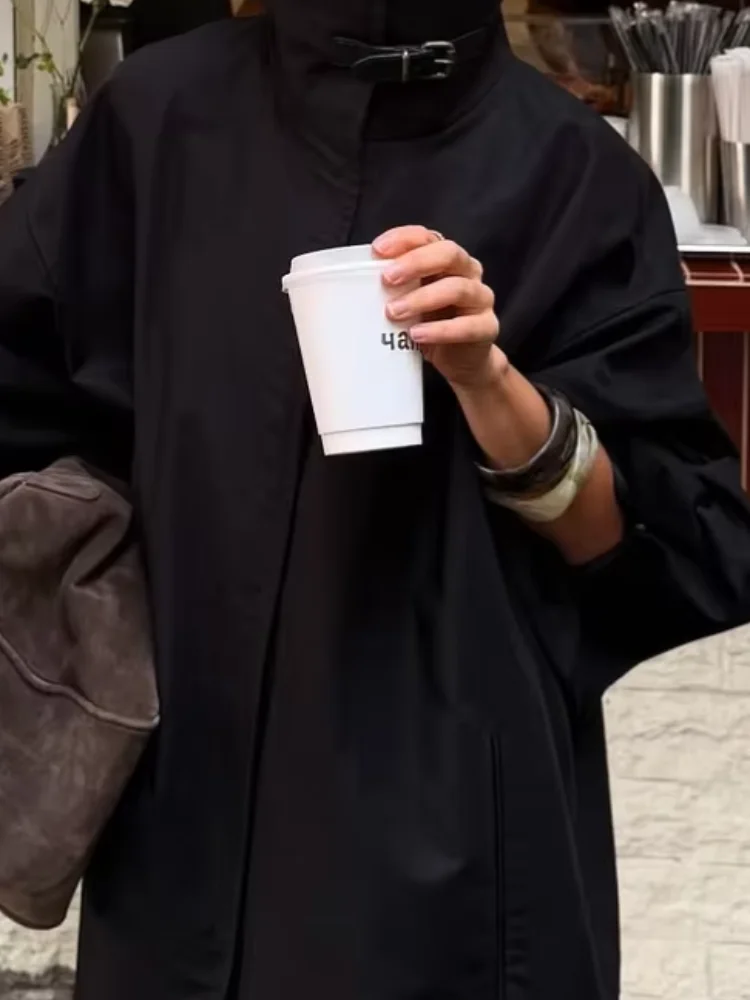 Women Black Long Oversized Trench Overcoat Stand High Neck Long Sleeve Hidden Button Wear Spring Street Classy Fashion Style