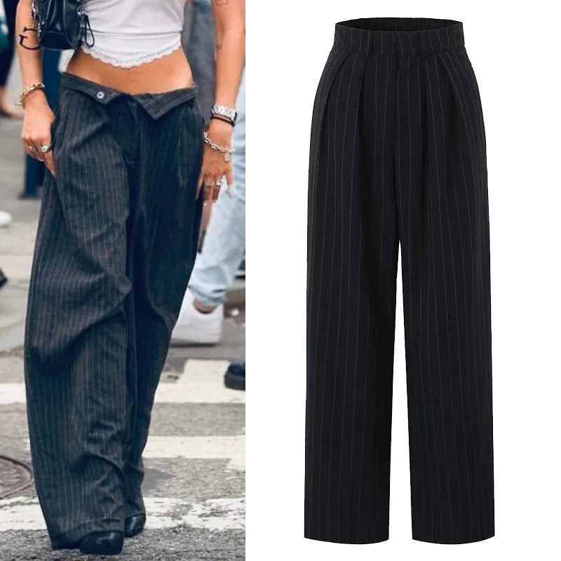 

Faionable Striped Casual Pants for Women Straight Cut Trousers Versatile Sle Ladies Polyester Fiber l Waist Spring ...