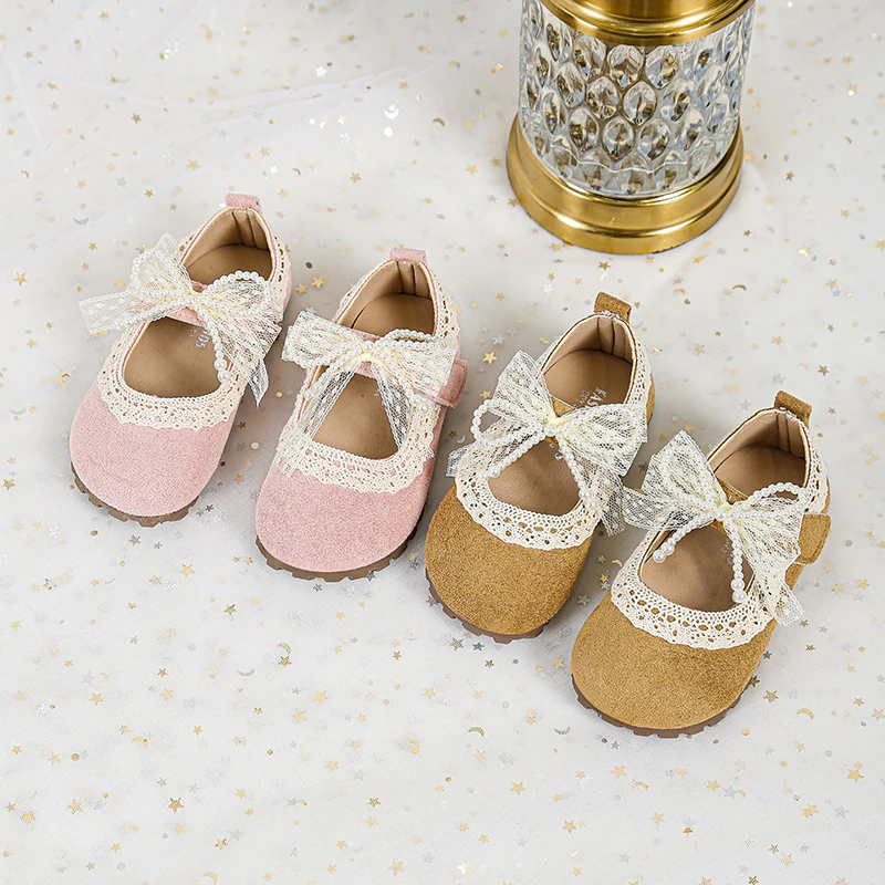 

Детские туфли Мэри Джейн с жемчугом и кружевным бантом, милые туфли-балетки для девочек в стиле Лолита, для свадеб и праздников