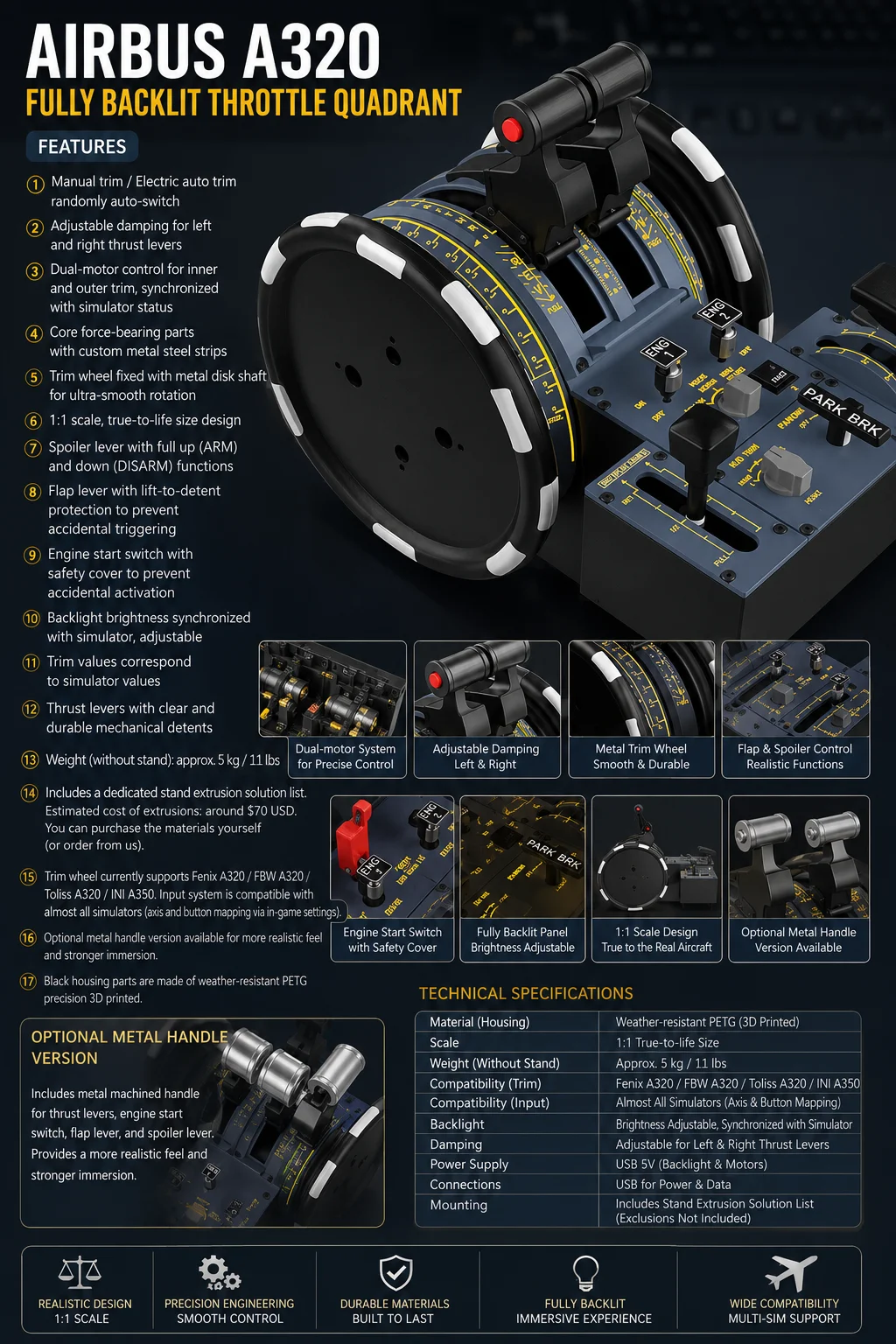 Airbus A320 Flight Simulator Throttle Quadrant Compatible With Toliss A350 Auto Trim Flight Simulator Cockpit Control