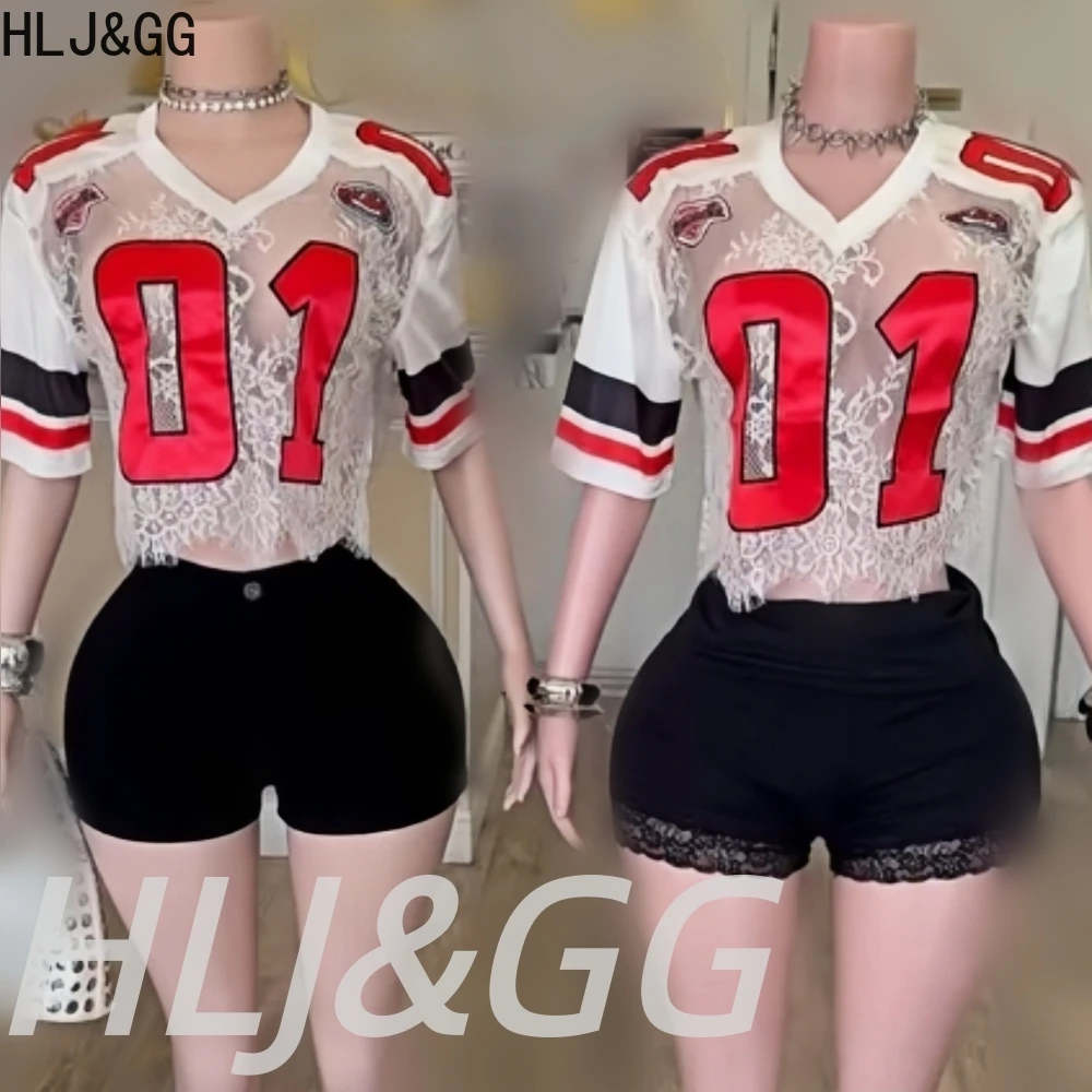 

HLJ&GG Summer Lace Splice Letter See Though Tshirts Two Piece Sets Women V Neck Crop Tops And Button Shorts Outfits Streetwear
