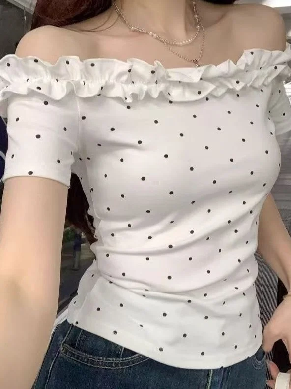

Slim Fit Polka Dot Short Sleeve T-Shirt Fashionable Waist Cinching Design Summer New Style Chic Body Shaping Top for Women