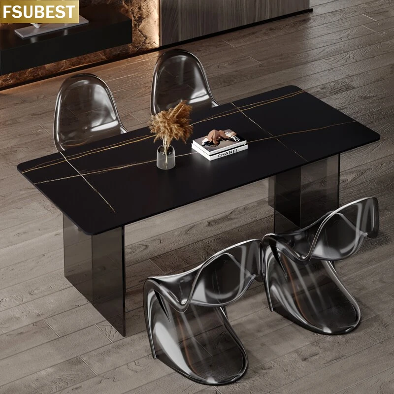 FSUBEST Ltalian Rock Slab Kitchen Dining Table With 4 Chairs Set Acrylic Floating Frame Home Furniture Mesa De Jantar 6 Cadeiras