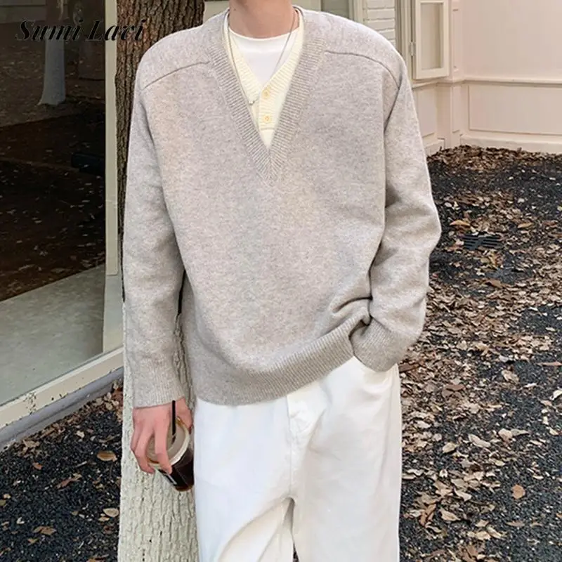 

Spring Fall New Casual Mens Knit Pullover Tops Fashion Double Layered Knitted T Shirts Men Vintage Solid Color Patchwork Jumper