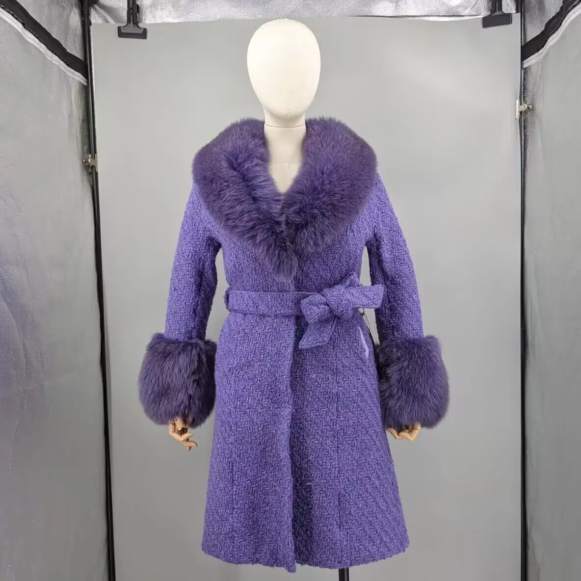 Women Lavender Purple Long Knit Coat Real Fox Fur Oversized Lapel & Cuffs Button Front Loose Sleeve Elegant Layering Outwear