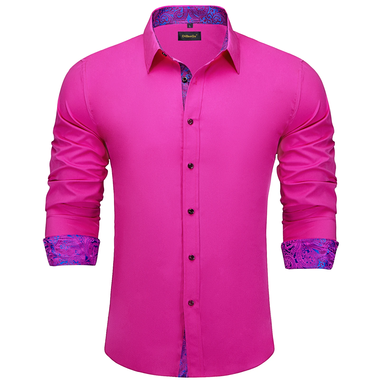 Luxury Men\'s Hot Pink Long Sleeve Casual Shirts for Wedding Prom Social Contrast Color Brand Men Clothing