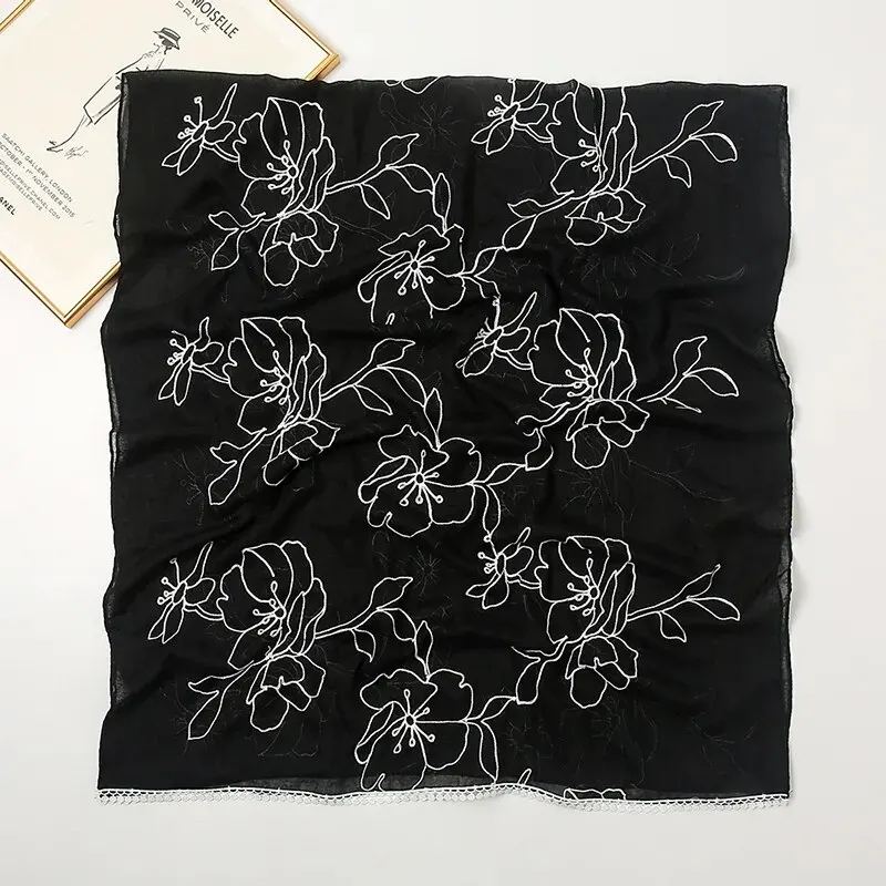 Floral Embroidery Plain Scarf Cotton Shawl For Women Muslim Hijab Elegant Windproof Head Wrap Turban Travel Beach Towel 175*75cm