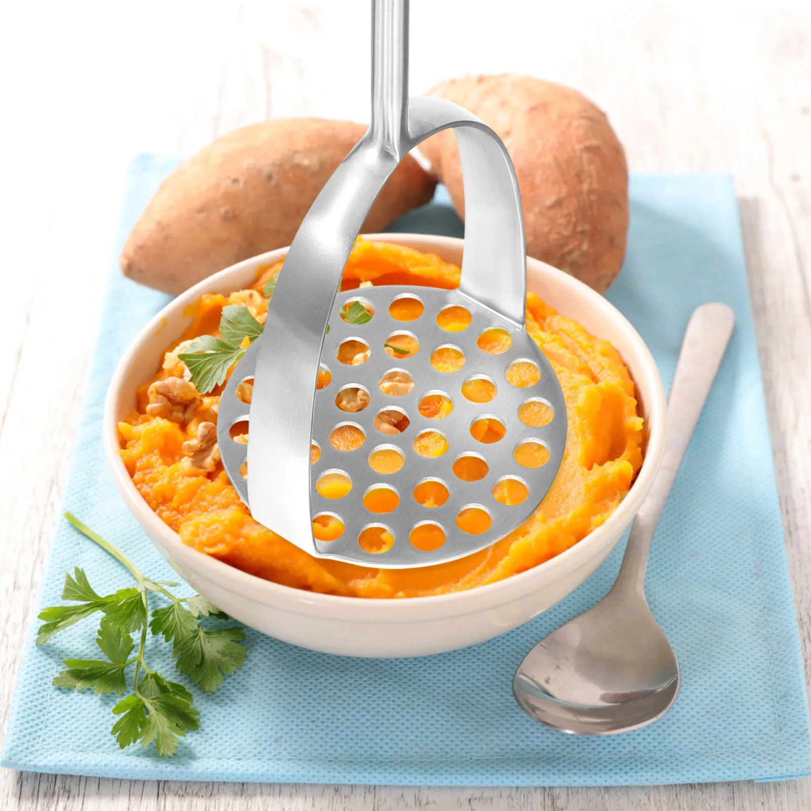 1Pcs Potato Masher Easy Pressing Kitchen Tool Household Potato Presser Handheld Crusher Vegetable Masher Stainless Steel Kitchen