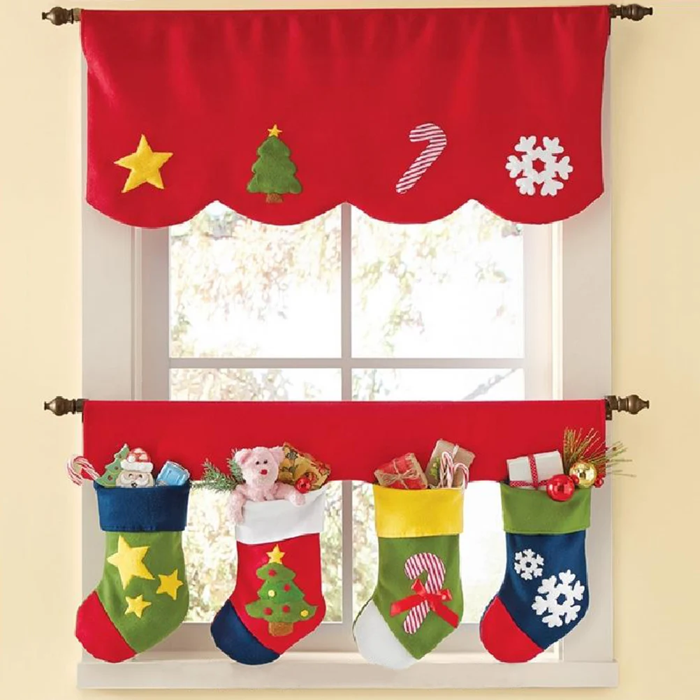 

2Pcs Christmas Window Valance Set Snowflake Candy Sock Curtain Decoration Xmas Holiday Party Decoration Home Cafe