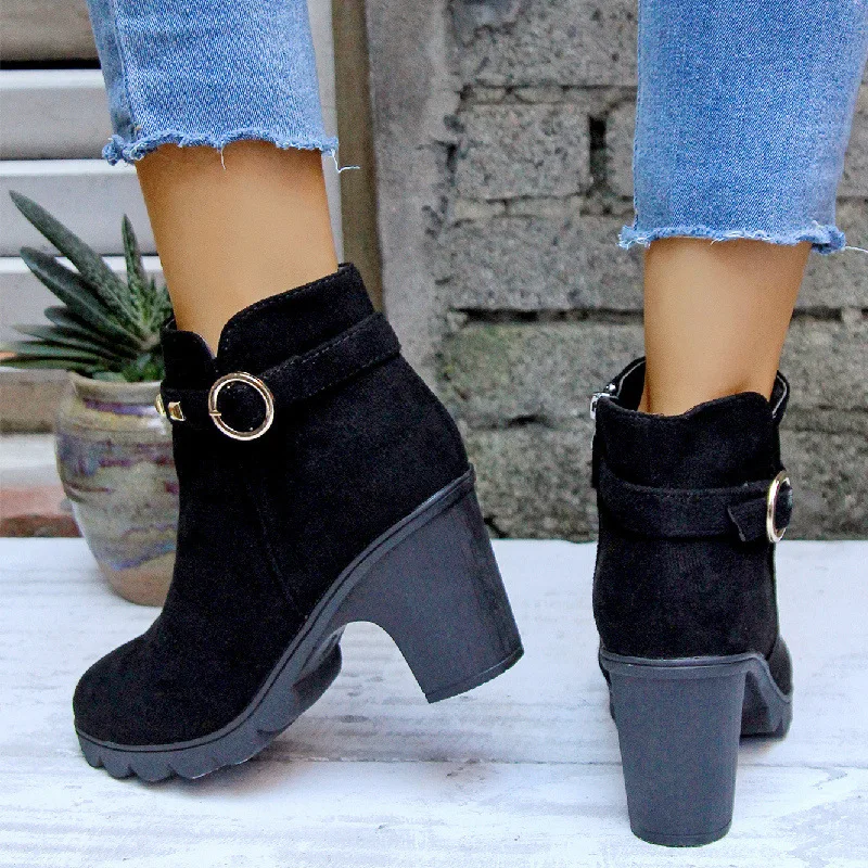 Women\'s Retro High Heel Ankle Boots 2024 New Square Heel Woman High Leather Boots Female Round Toe Rivet Platform Short Bootines