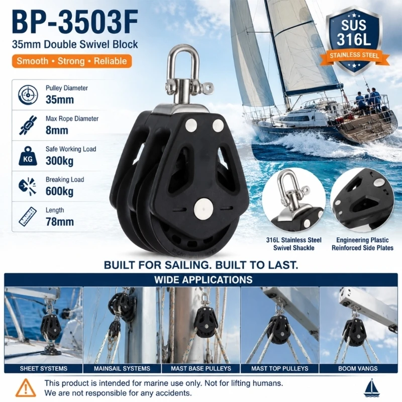 Double Sheave Marine Block for Yacht Rigging, 35 mm Pulley with Rotating Top Link for 8 mm Control Line and Halyard Rope 68UF