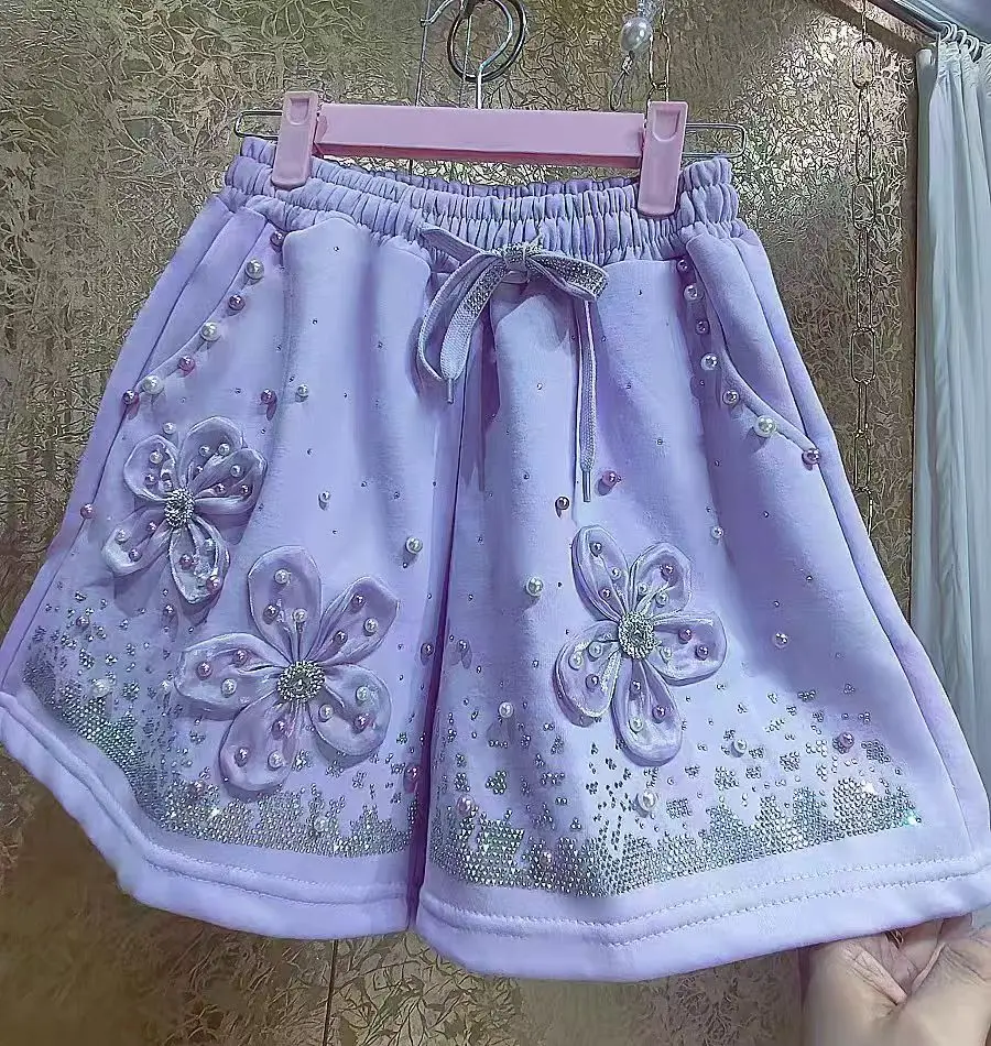 New In Embroidered Flares Shorts For Women Pantalones Cortos Y2K Crystal Hot Drilling Short Pants