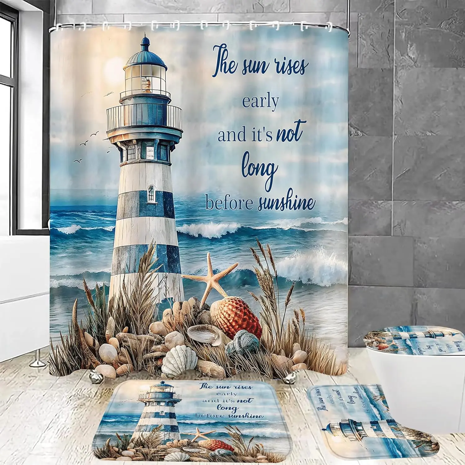 

4 шт., наборы занавесок для душа с морской маяком, набор для ванной комнаты с морской ракушкой, декор с нескользящими ковриками, U-образный коврик для ванной, крышка унитаза