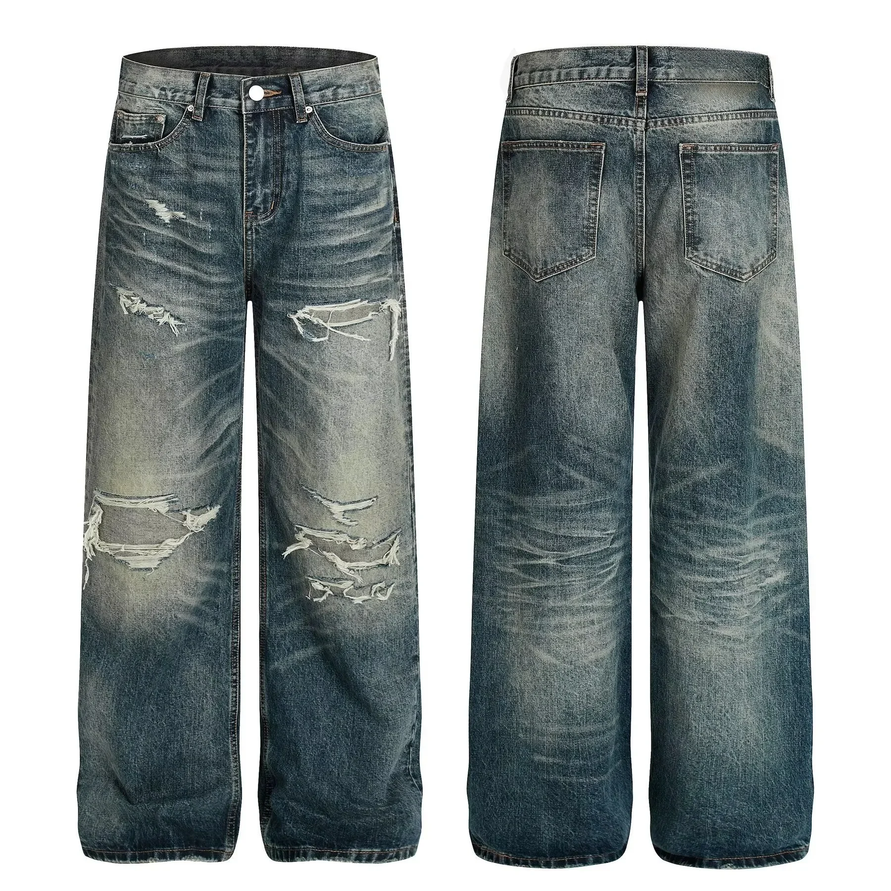 Washed Jeans Hip-Hop High Street Men's Denim Pants Hole Worn-out Streetwear Trousers Straight Wide Leg Casual Male Jeans  Autumn view 5