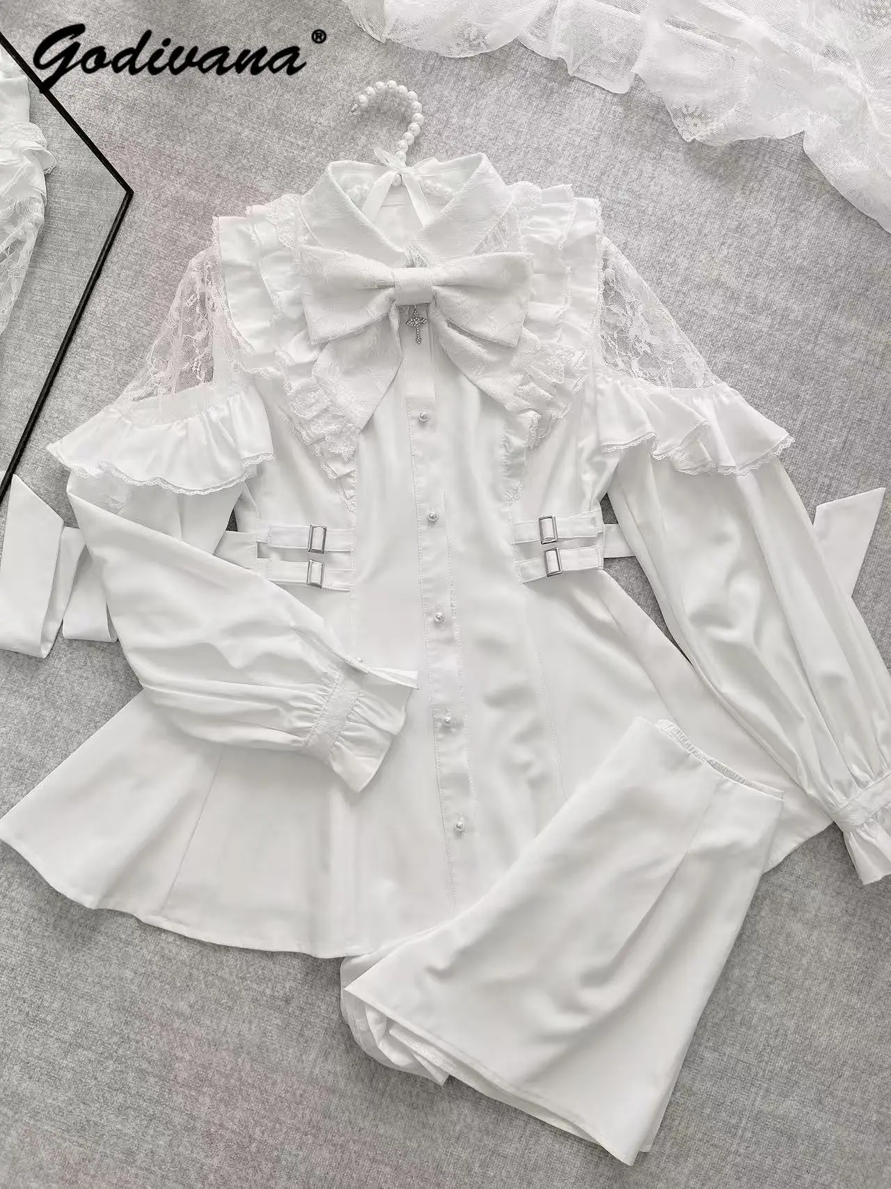 Abito e pantaloncini camicia con fiocco carino a maniche lunghe in pizzo incrociato originale Nuovi abiti Lolita per ragazze femminili primaverili e autunnali giapponesi