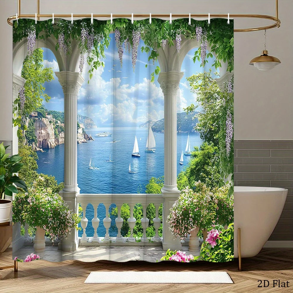 1pc Coastal Balcony Shower Curtain with Ocean View, Sailboats & Lush Greenery - White Columns & Wisteria Design, Polyester Fabri