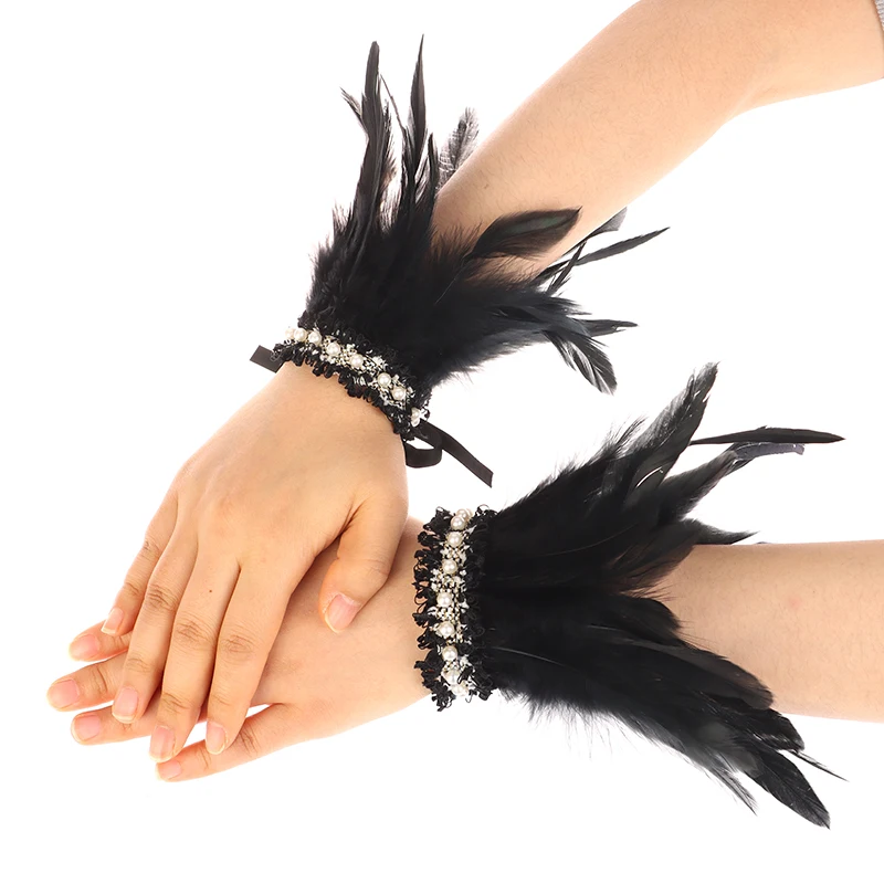 Muñequeras de plumas negras, puños de plumas góticos Punk Retro Vintage para mujer y hombre, fiesta de Halloween, disfraz gótico Rave, accesorio de Cosplay