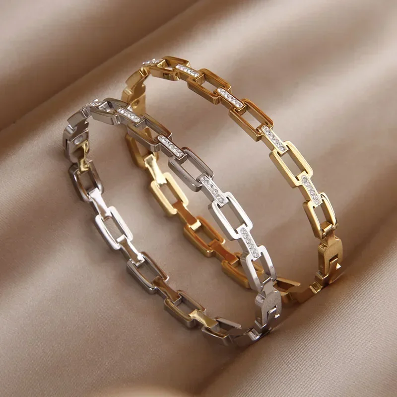 316L Stainless Steel 18K PVD Plated Hollow Geometric Charm Bracelet for Women Crystal Golden Bracelets Rust-proof Wrist Jewelry