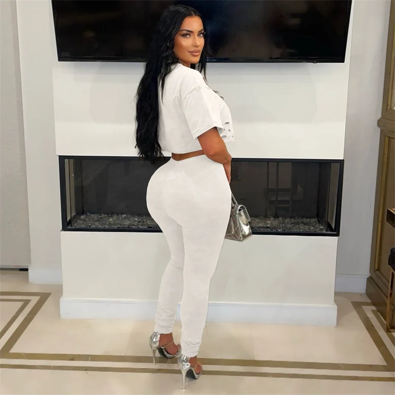Streetwear Ripped Hole Two Piece Outfits Women Summer Clothes Pin Short Sleeve Crop Top and Pencil Pants Hip Hop Mathcing Sets