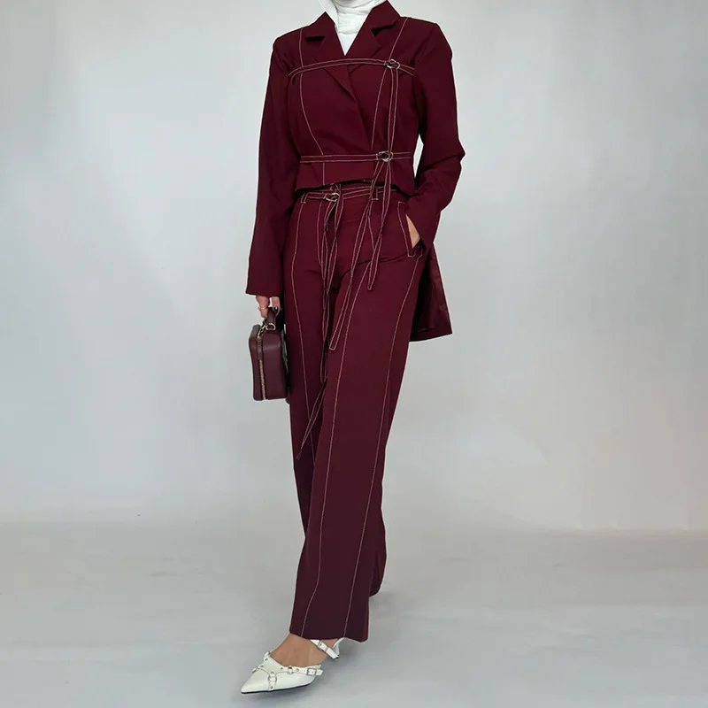 

Chic Spring Autumn Slim Casual Outfit Women Long Sleeved Lace Up Blazer+loose High Waist Wide Leg Pants Female Two Piece Set