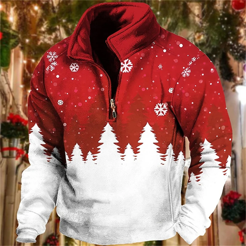 

Christmas Elk Print Half Zip Long Sleeve Sweatshirts Autumn Casual Simplicity Loose Tops Fashion Stand Collar X'mas Men Clothes