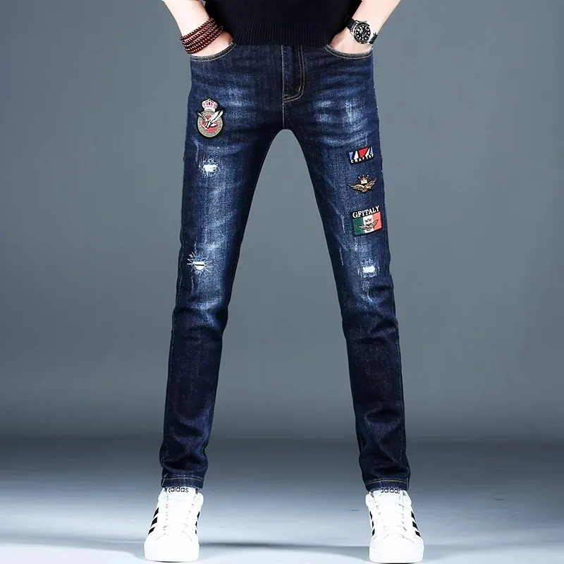 

Ele Embroidered Men's Jeans Elastic Slim Fit Casual Long Pants Spring Autumn Faionable Brand Youth ular mid Waist