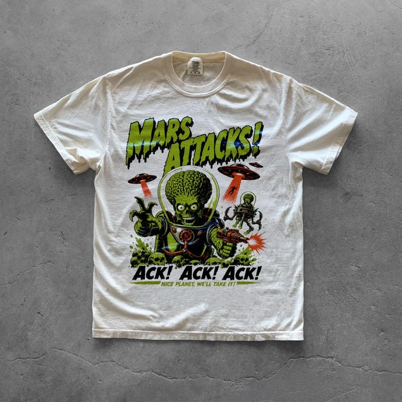 Martian Invasion T-Shirt | Retro Sci-Fi Graphic Tee | 90s Classic Movie T-Shirt  Unisex Loose-Fit Casual Streetwear Shirt