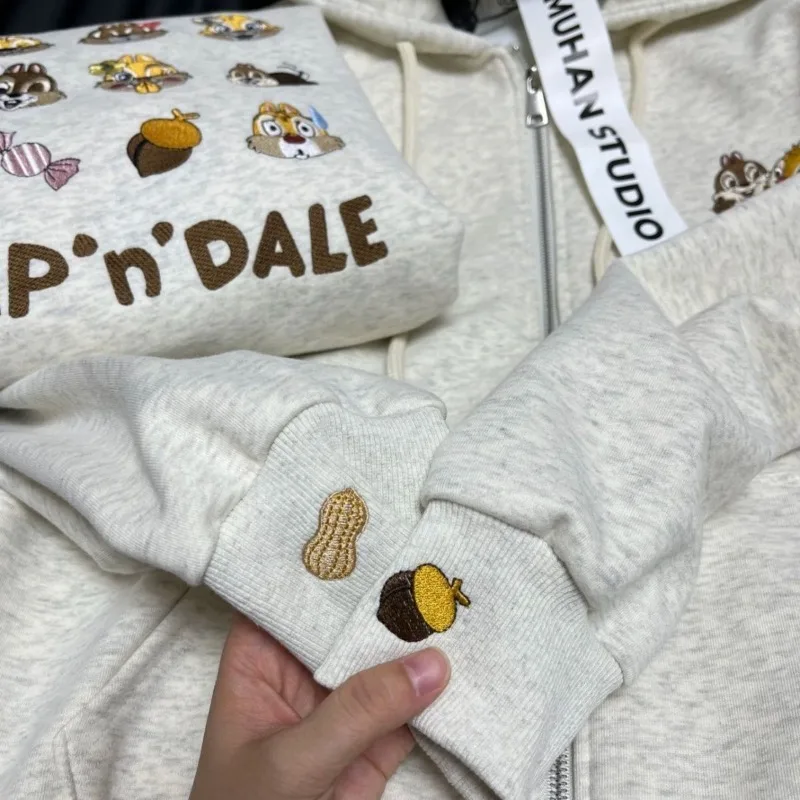 Disney Chip Dale animation peripheral cartoon embroidered printed hooded plus velvet couple style solid color sweatshirt jacket