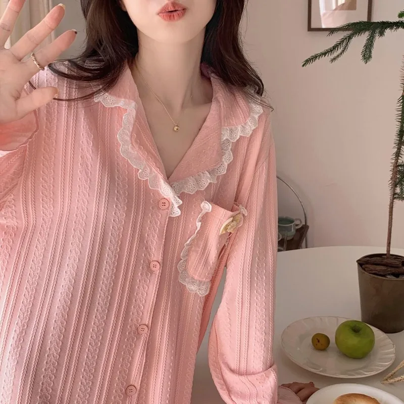 2024 New Pajama Girl Spring Autumn Pure Cotton Sleepwear Long Sleeved Cardigan Loungewear Sweet Girl V-neck Lace Homewear Set