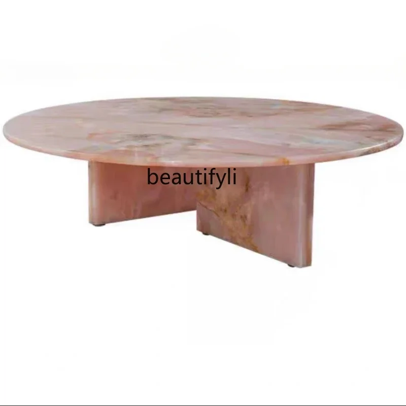 Italian light luxury natural marble pink coffee table household round edge table combination