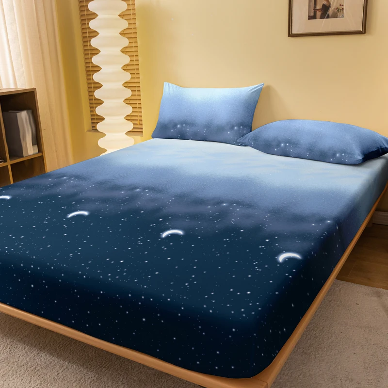 1 Simple modern starry sky printed matte Fitted Sheet, bedroom printed bed cover, bedding (excluding pillowcases)