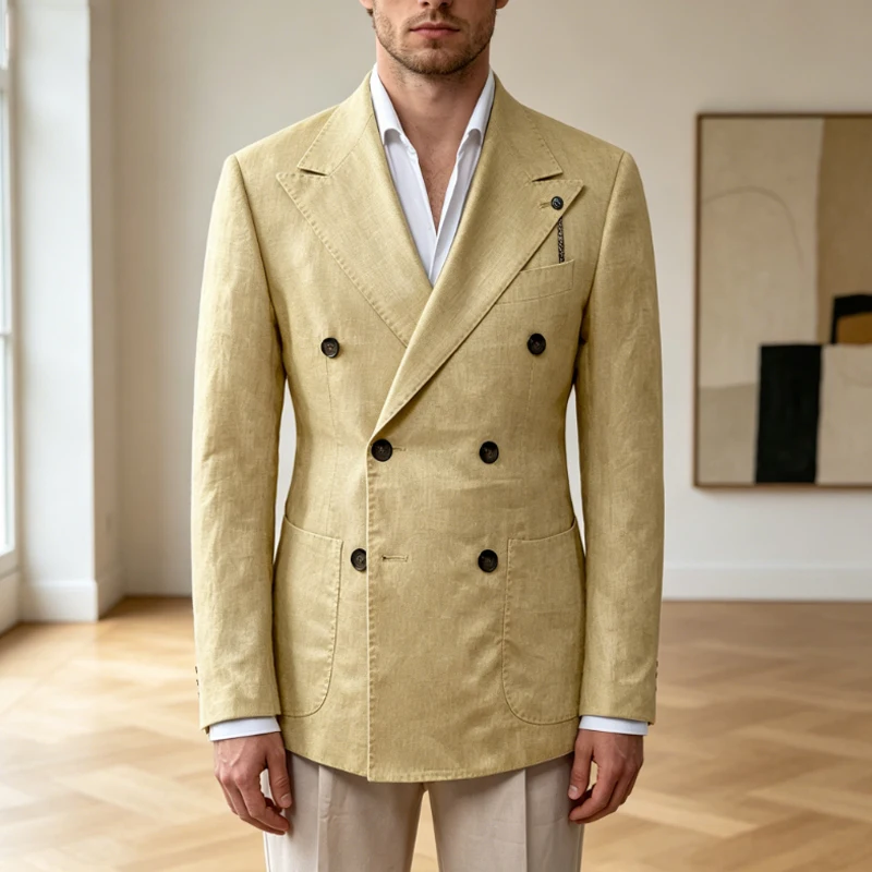 Men's Linen Blazer Notch Lapel Slim Fit Double Breasted Lightweight Breathable Suit Jacket Casual Business Coat for Daily Wear