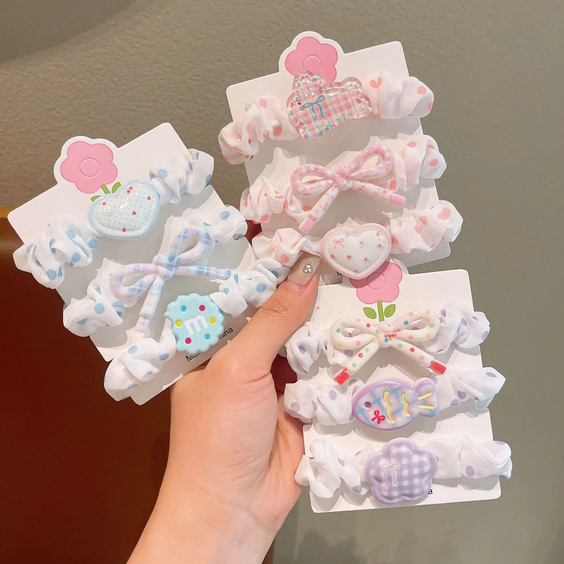 3pcs cartoon Flower Print Small Intestine Headband Cute Cream Colored Hair String Sweet and Fresh Hair Accessory