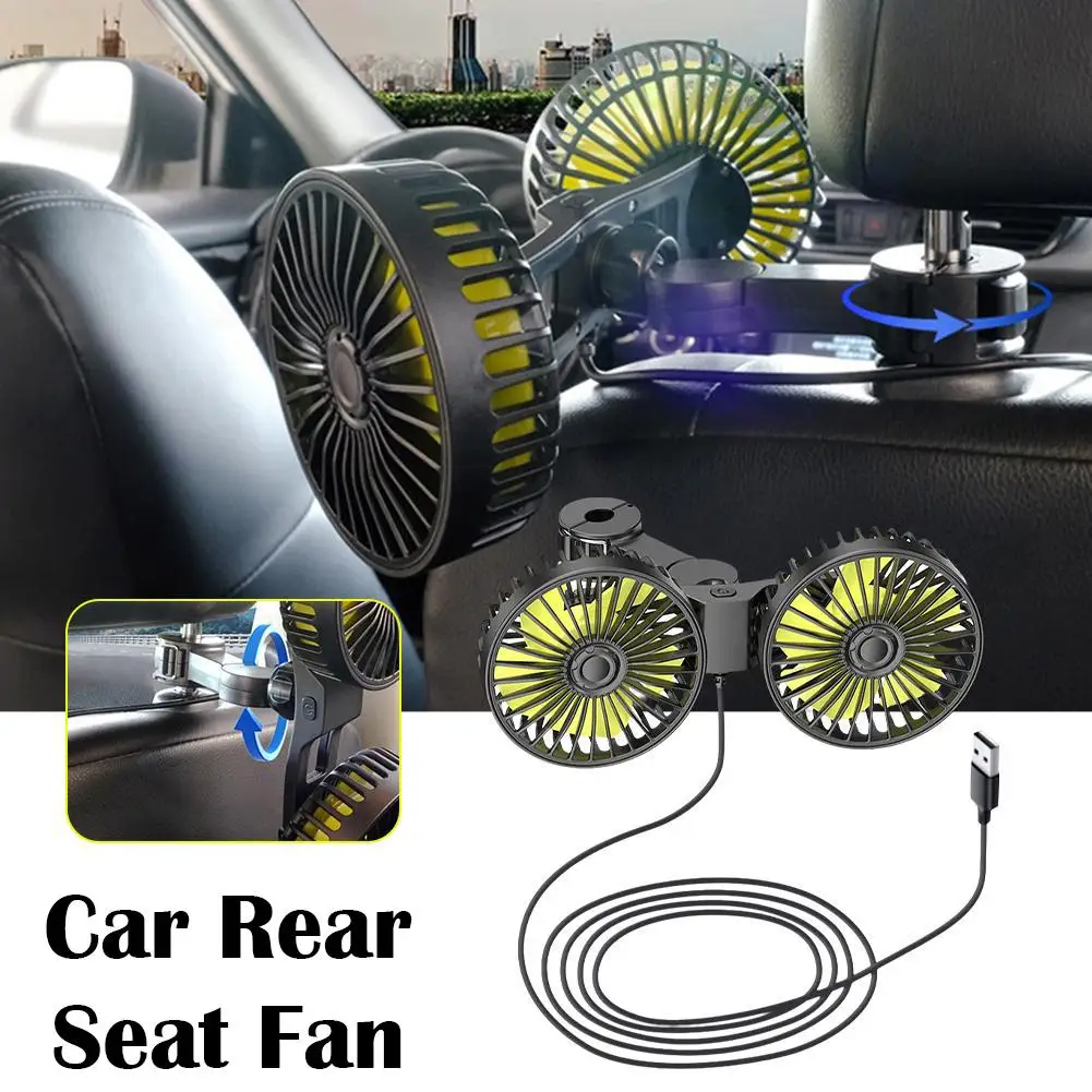 12V 24V Universal Dual Head Car Fan USB Powered Rear Seat Back Cooling Fan 360° Rotatable Silent Strong Wind Auto Fan