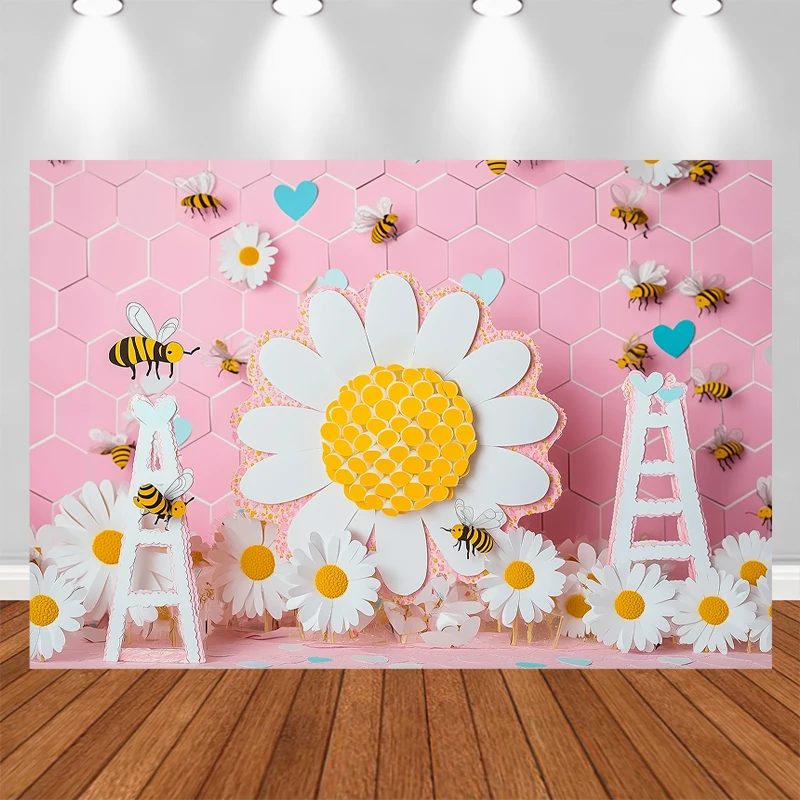 LS Spring Photography Background Pink Beehive Daisy Bee Decor Props Baby Shower Cake Smash Kids Birthday Photo Backdrop Banner