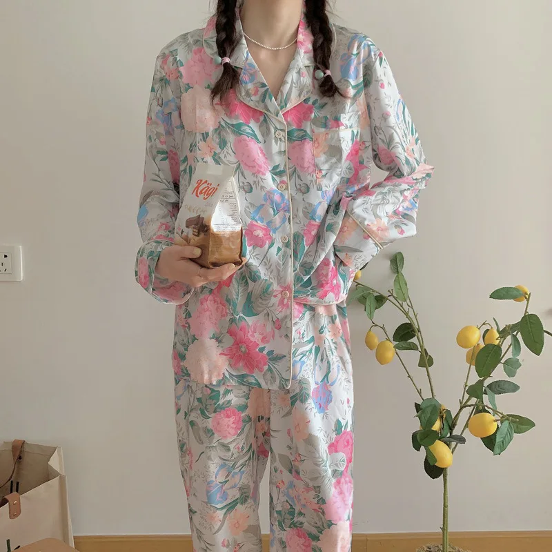 Pajamas Women's Silk Long-sleeved Pajamas Sleepwear Suit Flower Printed High-grade Ice Silk Outside Home Wear Pijamas De Mujer