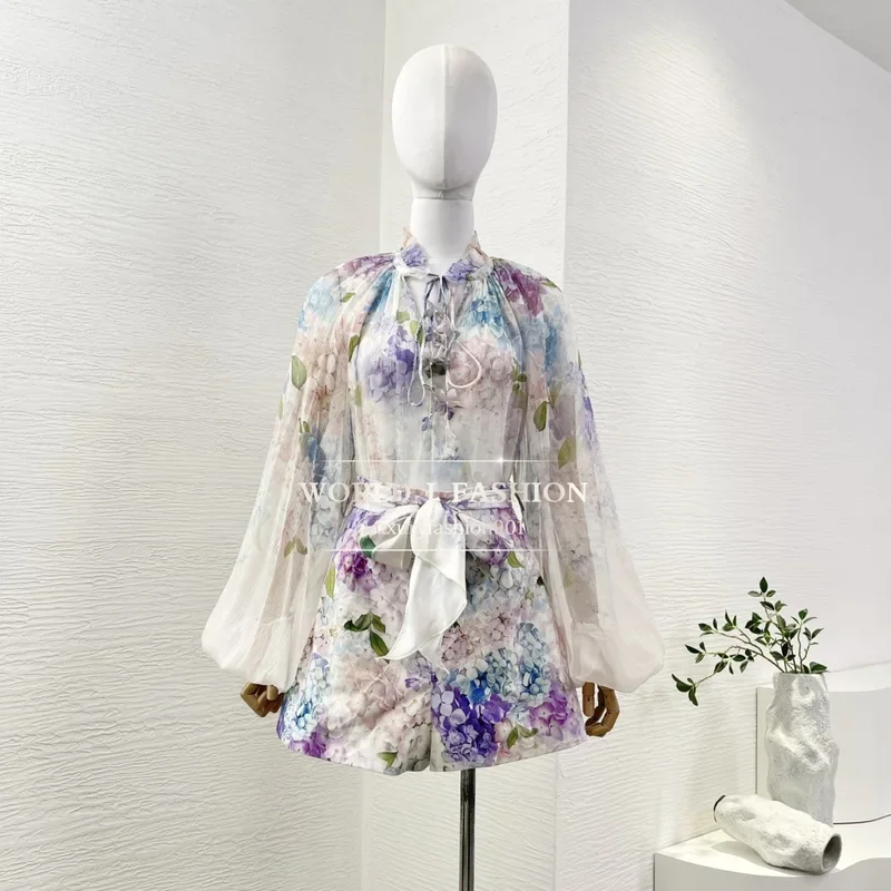

Silk High Quality Violet Spring Summer 2025 New Floral Print Long Sleeve Ruffles Blouse and Bow Shorts Sets Outfit for Women