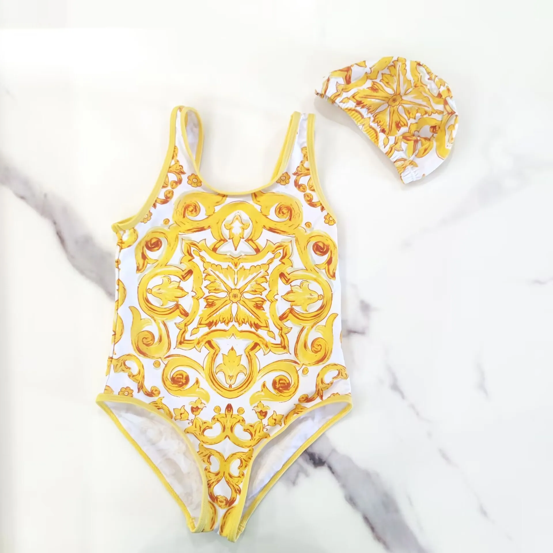 

2025 New gold flower swimsuit girls' retro printed bikini swimsuit one-piece swim wear small chidlren
