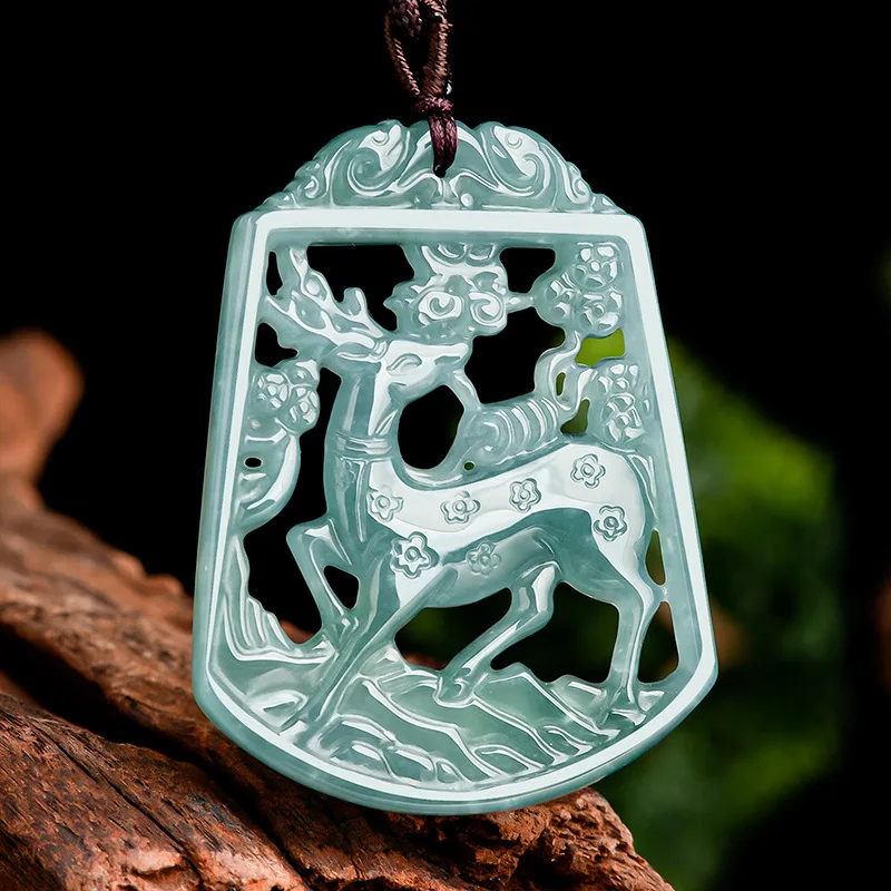 

Natural A-grade Jade Blue Water One Deer Has You Little Deer Jadeite Pendant Ethnic Style Couple Men's Women's Charms Jewelry