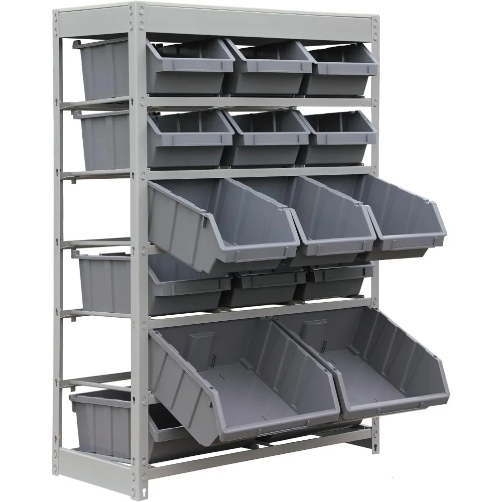 King's Rack Bin Rack Storage System Heavy Duty Steel Rack Organizer Shelving Unit w/ 16 Plastic Bins in 6 tiers