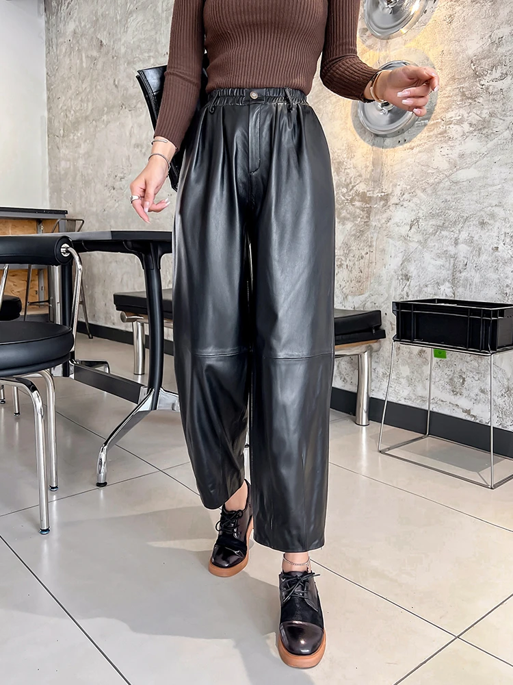 Autumn Winter Genuine Leather Pants Women Fashion Elastic Waist Harem Pants High Waist Loose Sheepskin Ankle Length Pants Y3099