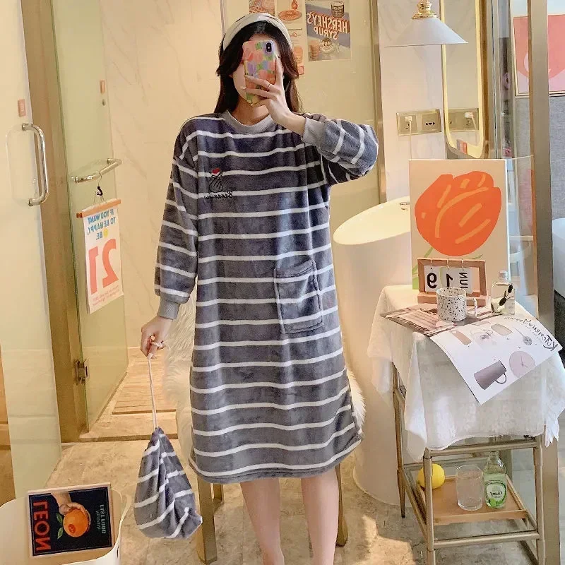 Long Womens Striped Sleeve Night Pajamas One Sleepwear Piece Winter Warm Embroidery Wear Nightgown Dress Korean Fleece Home 2023