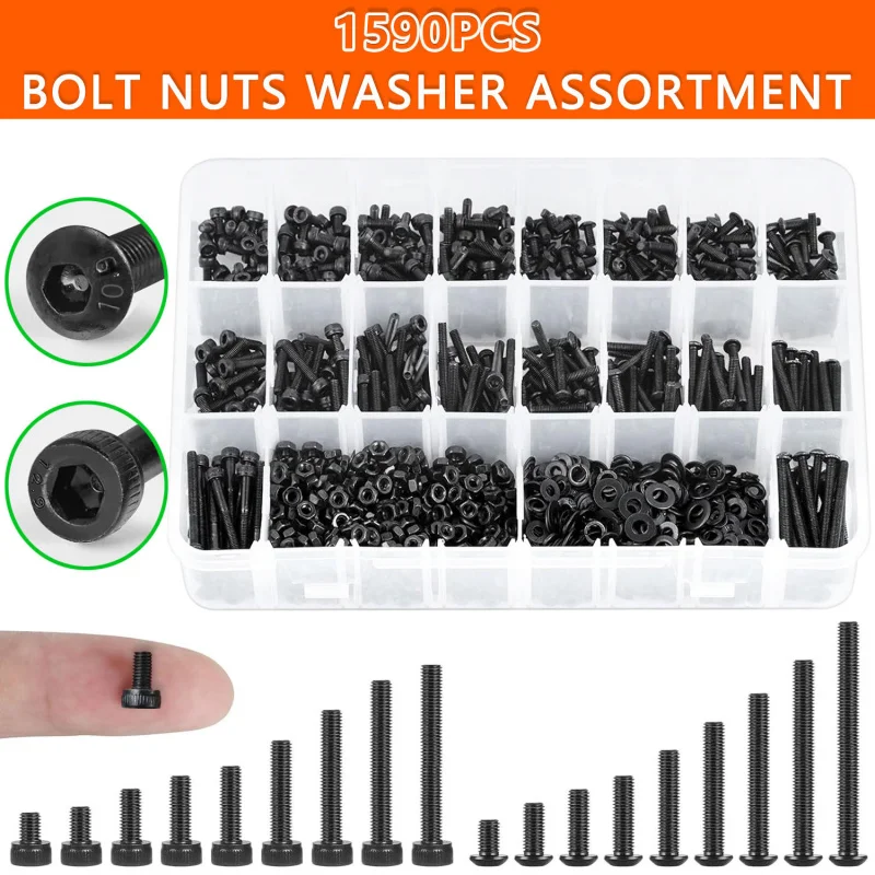 Imagen 3: Kit surtido de tornillos M3 de 1590 piezas: tornillos de cabeza de botón y casquillo hexagonal negro de grado 12,9/10,9 con tuercas |   Acero de aleación de alta resistencia