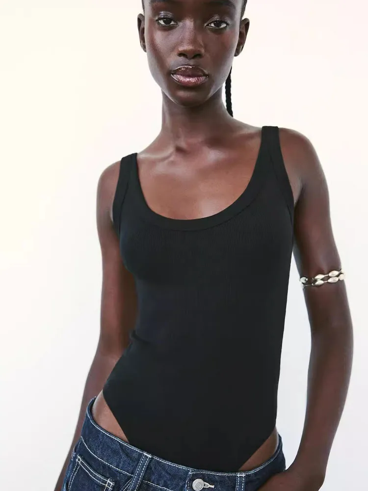 Women's Skinny Ribbed Bodysuits O Neck Snap-Button Sexy Fashion Playsuits Comfortable Fit Body Suit
