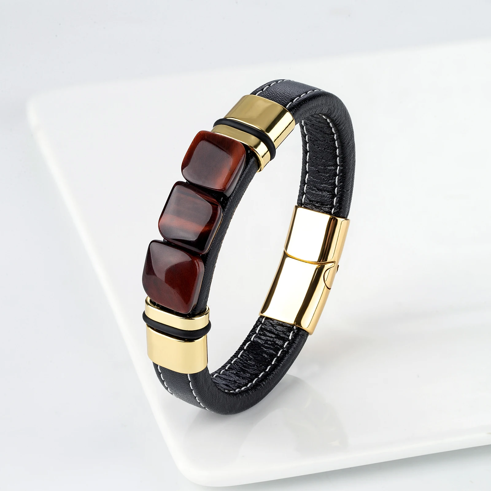 New Multi Color 3 Square Natural Old Tiger Eye Vintage Jewelry Charm Wide Leather Rope Men's Stainless Steel Bracelet Jewelry - view 4